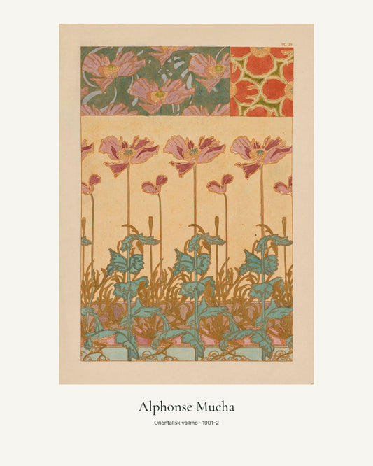 Orientalisk vallmo av Alphonse Mucha. Konstposter med ljus marginal och diskret verktext. 40 × 50 cm.