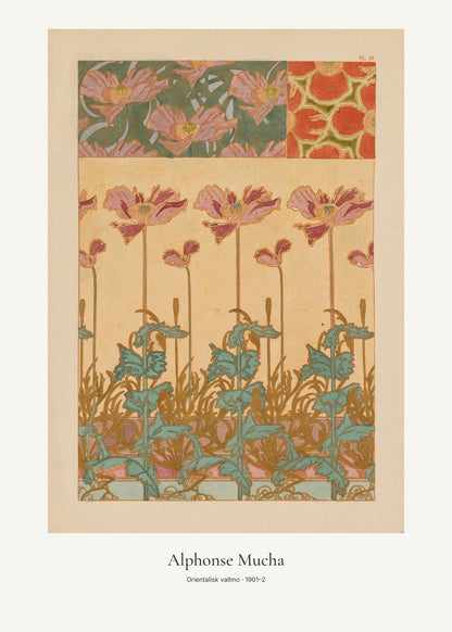 Orientalisk vallmo av Alphonse Mucha. Konstposter med ljus marginal och diskret verktext. 50 × 70 cm.