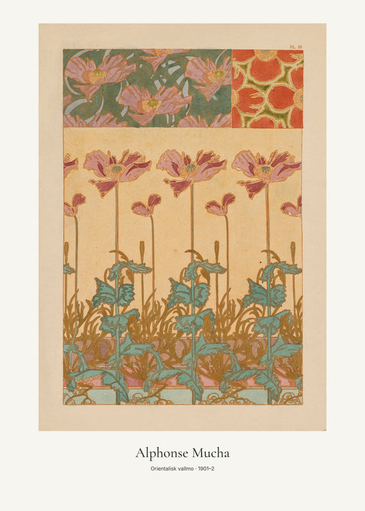 Orientalisk vallmo av Alphonse Mucha. Konstposter med ljus marginal och diskret verktext. 50 × 70 cm.