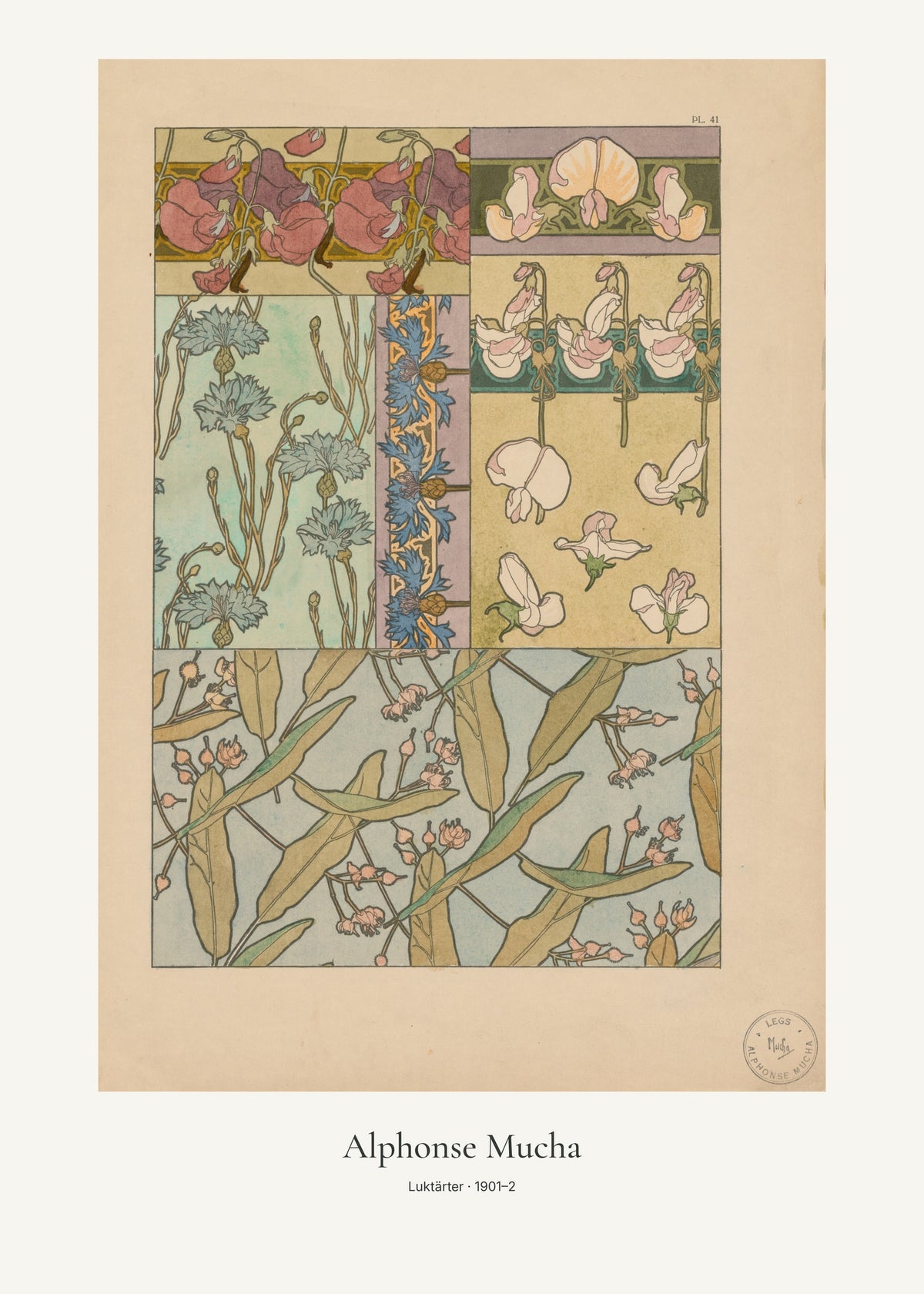 Luktärter av Alphonse Mucha. Konstposter med ljus marginal och diskret verktext. 50 × 70 cm.