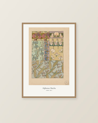 Luktärter av Alphonse Mucha. Konstposter med ljus marginal och diskret verktext. Illustrerad inramningsvy. Ram ingår inte.