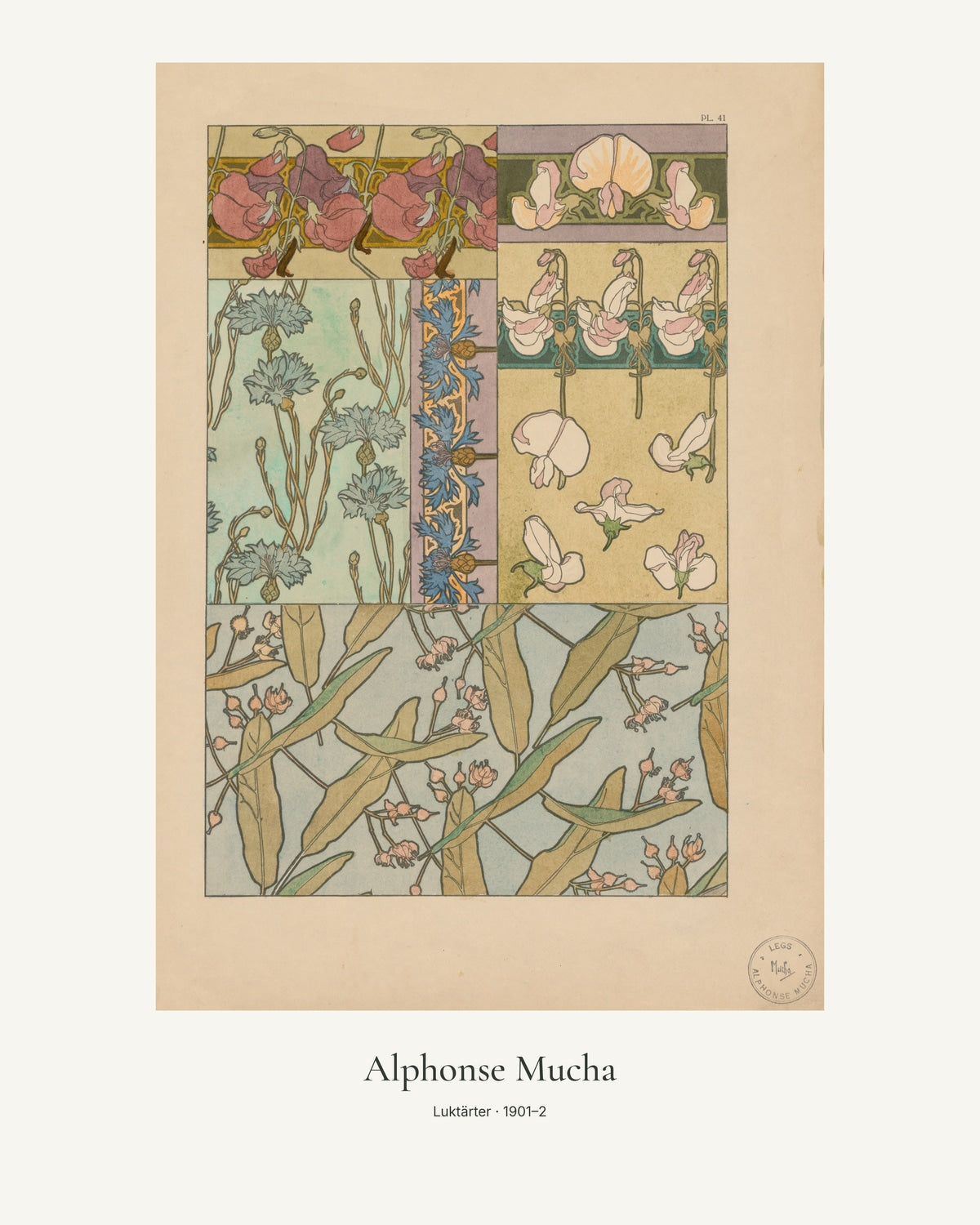 Luktärter av Alphonse Mucha. Konstposter med ljus marginal och diskret verktext. 40 × 50 cm.