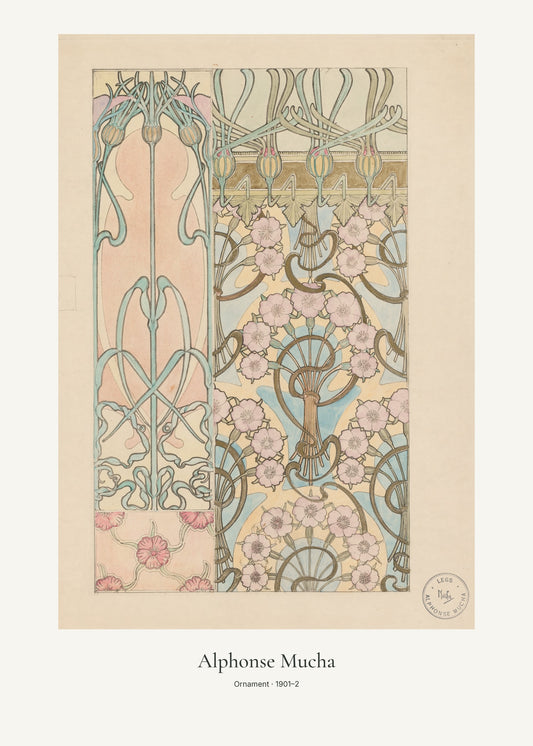 Ornament av Alphonse Mucha. Konstposter med ljus marginal och diskret verktext. 50 × 70 cm.
