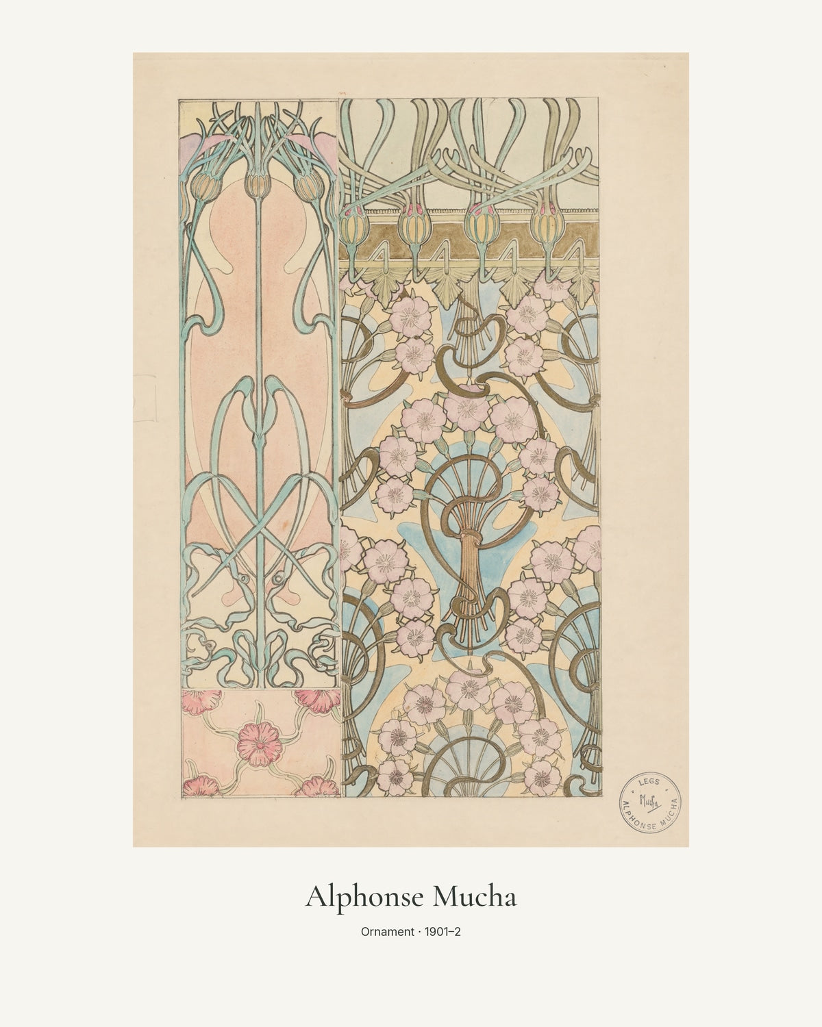 Ornament av Alphonse Mucha. Konstposter med ljus marginal och diskret verktext. 40 × 50 cm.