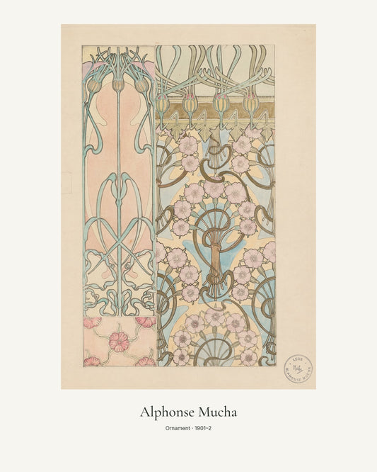 Ornament av Alphonse Mucha. Konstposter med ljus marginal och diskret verktext. 40 × 50 cm.