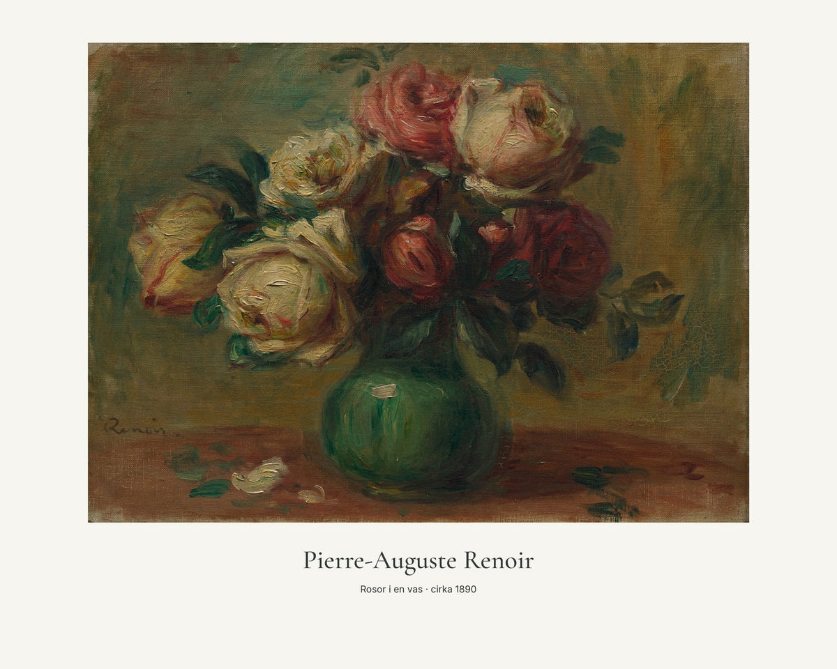 Rosor i en vas av Pierre-Auguste Renoir. Konstposter med ljus marginal och diskret verktext. 40 × 50 cm.