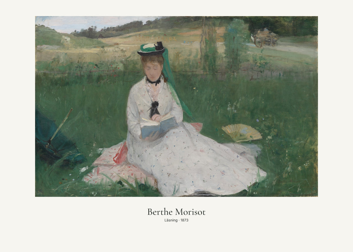 Läsning av Berthe Morisot. Konstposter med ljus marginal och diskret verktext. 50 × 70 cm.