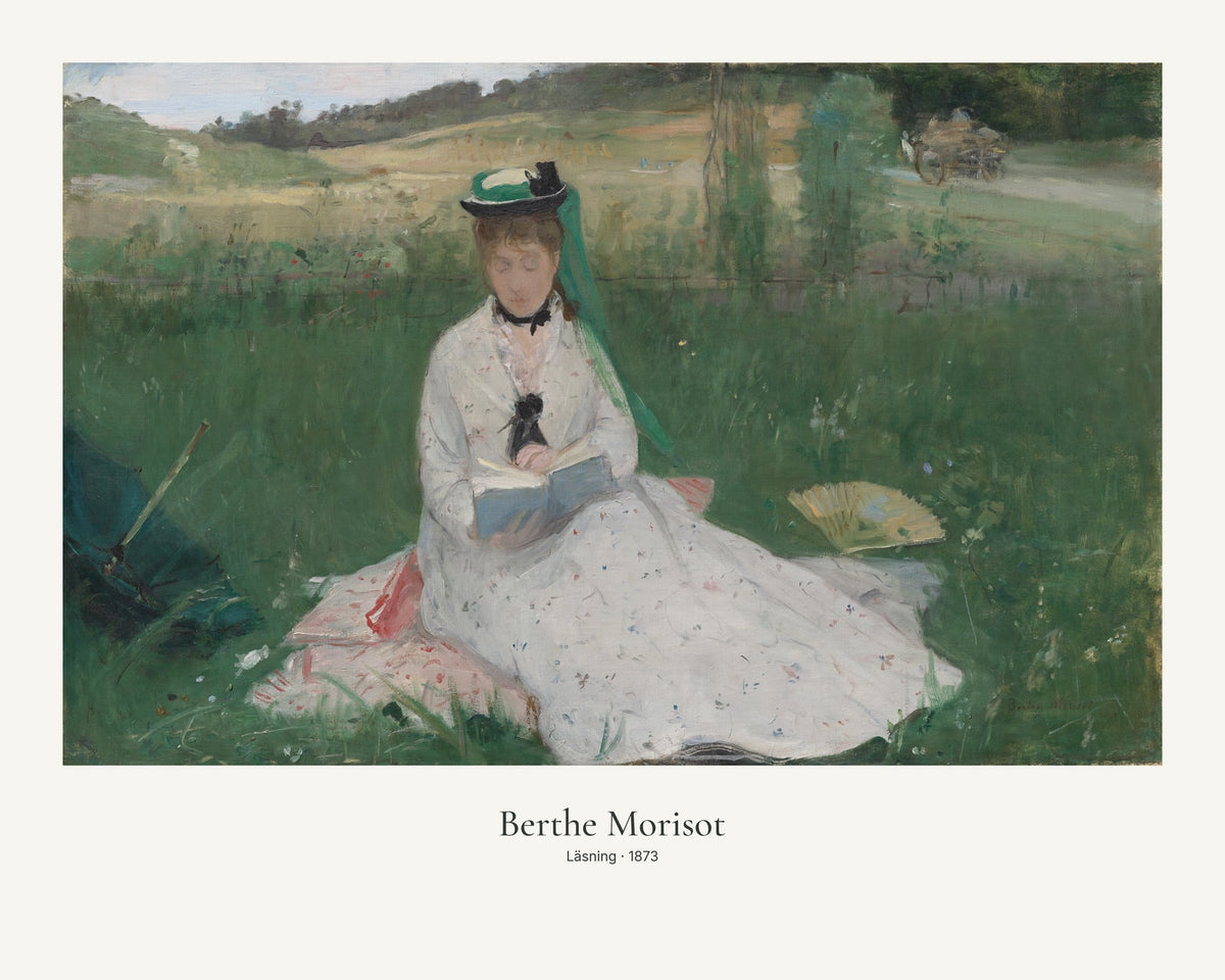Läsning av Berthe Morisot. Konstposter med ljus marginal och diskret verktext. 40 × 50 cm.