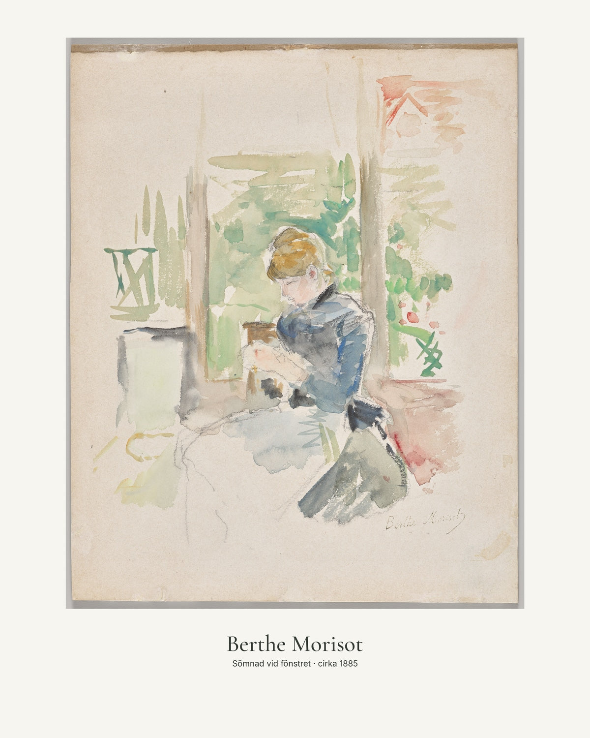 Sömnad vid fönstret av Berthe Morisot. Konstposter med ljus marginal och diskret verktext. 40 × 50 cm.