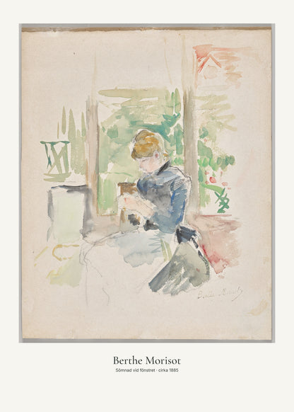 Sömnad vid fönstret av Berthe Morisot. Konstposter med ljus marginal och diskret verktext. 50 × 70 cm.