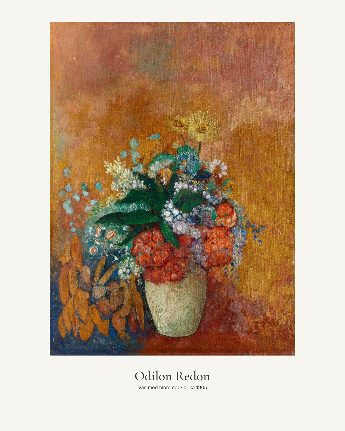 Vas med blommor av Odilon Redon. Konstposter med ljus marginal och diskret verktext. 40 × 50 cm.