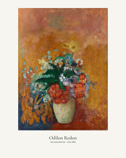 Vas med blommor av Odilon Redon. Konstposter med ljus marginal och diskret verktext. 40 × 50 cm.