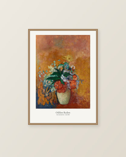 Vas med blommor av Odilon Redon. Konstposter med ljus marginal och diskret verktext. Illustrerad inramningsvy. Ram ingår inte.