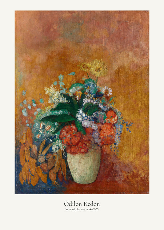 Vas med blommor av Odilon Redon. Konstposter med ljus marginal och diskret verktext. 50 × 70 cm.