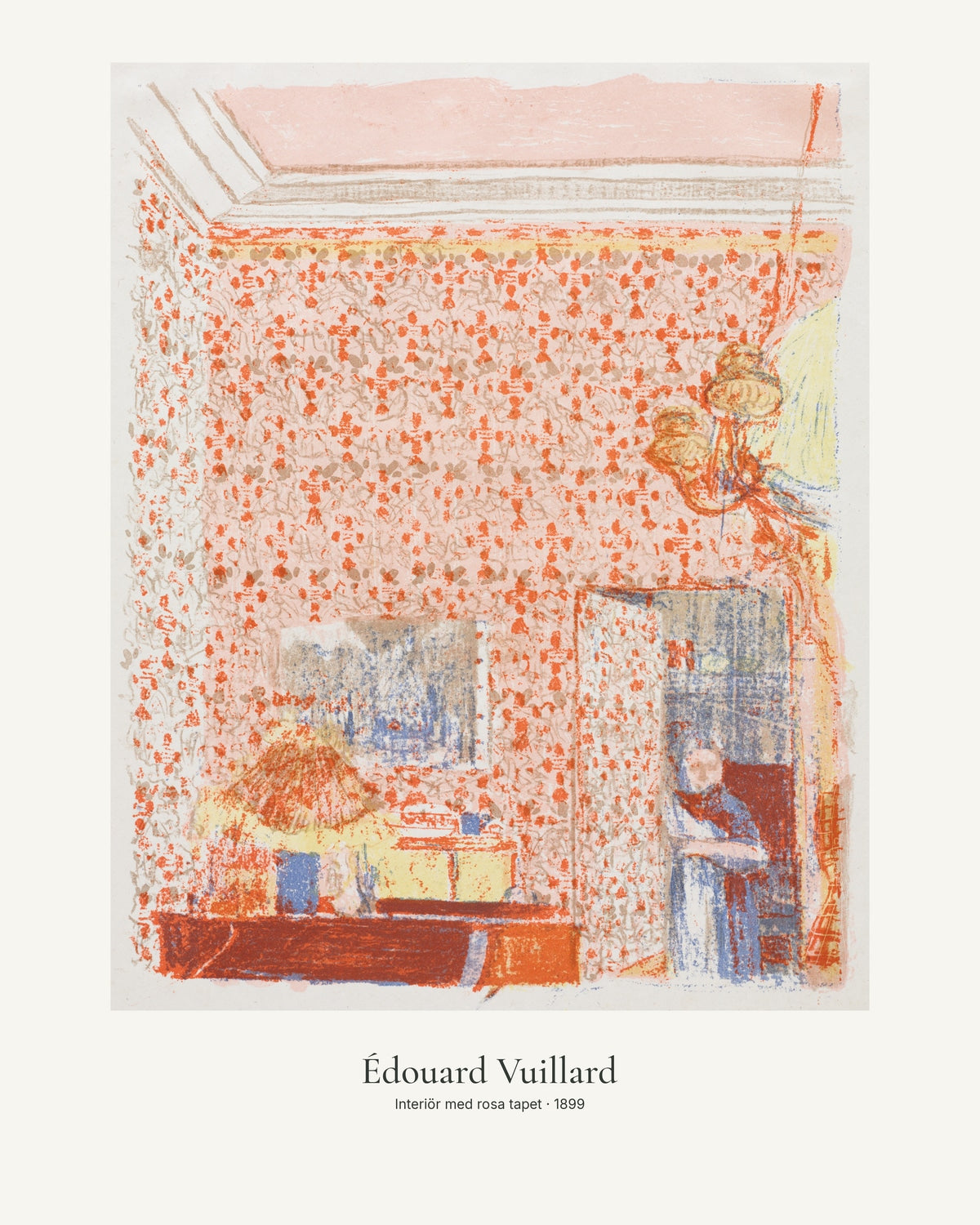 Interiör med rosa tapet av Édouard Vuillard. Konstposter med ljus marginal och diskret verktext. 40 × 50 cm.