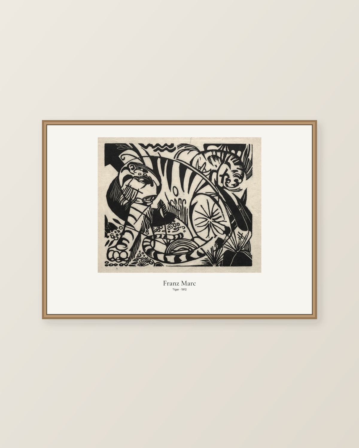 Tiger av Franz Marc. Konstposter med ljus marginal och diskret verktext. Illustrerad inramningsvy. Ram ingår inte.
