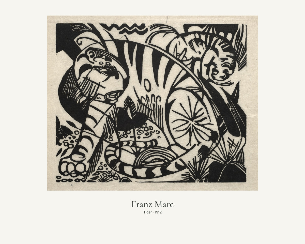 Tiger av Franz Marc. Konstposter med ljus marginal och diskret verktext. 40 × 50 cm.