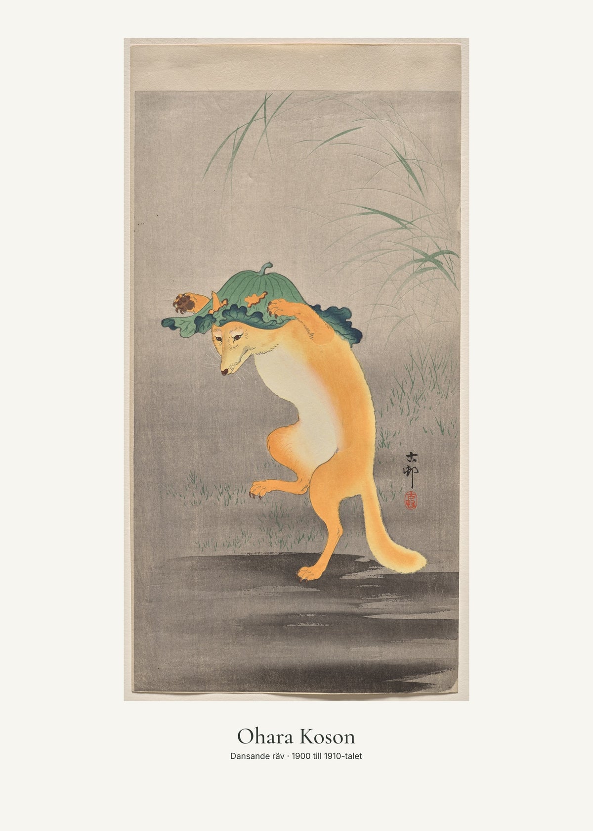 Dansande räv av Ohara Koson. Konstposter med ljus marginal och diskret verktext. 50 × 70 cm.