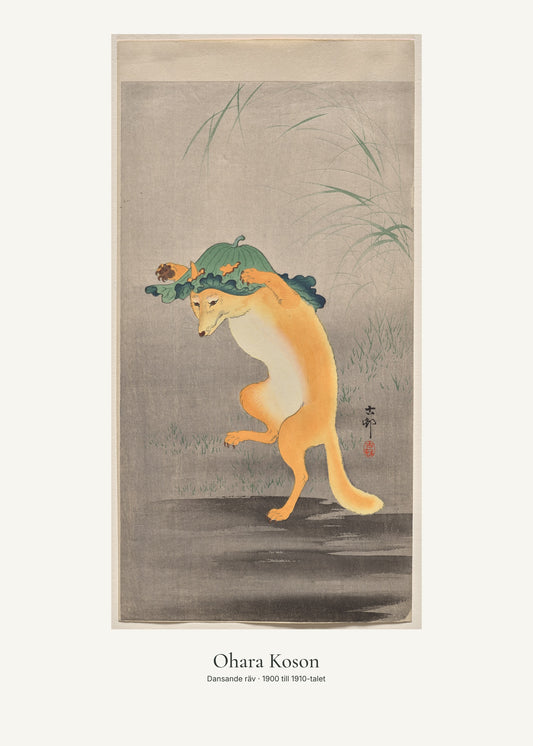 Dansande räv av Ohara Koson. Konstposter med ljus marginal och diskret verktext. 50 × 70 cm.