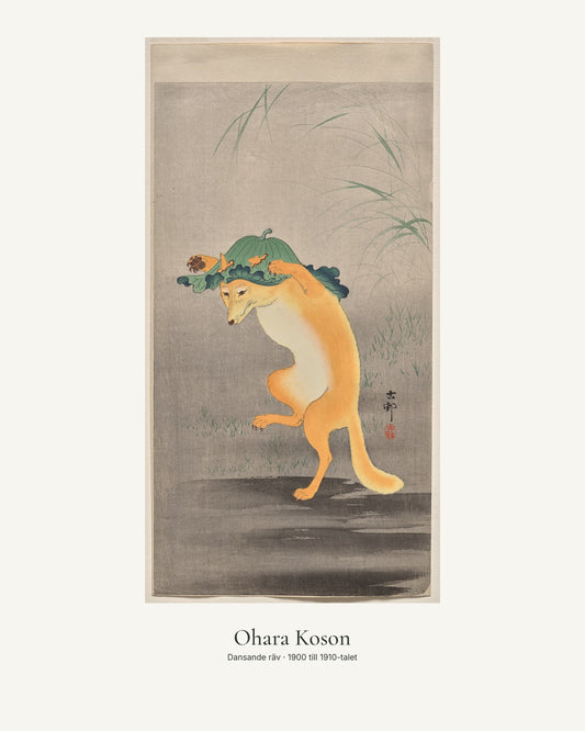 Dansande räv av Ohara Koson. Konstposter med ljus marginal och diskret verktext. 40 × 50 cm.