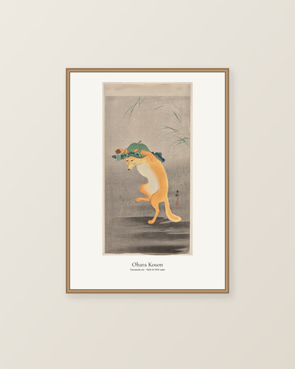 Dansande räv av Ohara Koson. Konstposter med ljus marginal och diskret verktext. Illustrerad inramningsvy. Ram ingår inte.