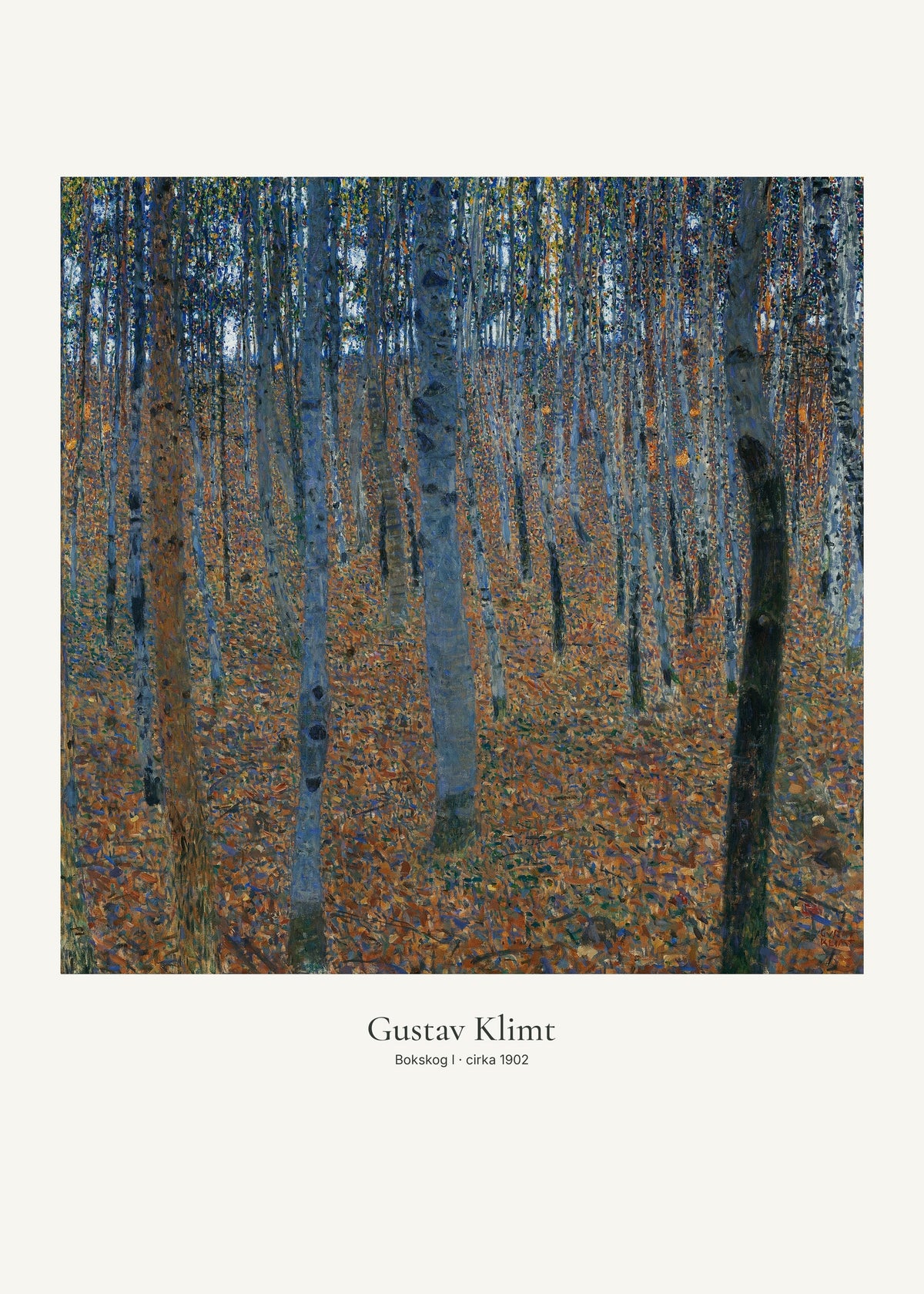 Bokskog I av Gustav Klimt. Konstposter med ljus marginal och diskret verktext. 50 × 70 cm.