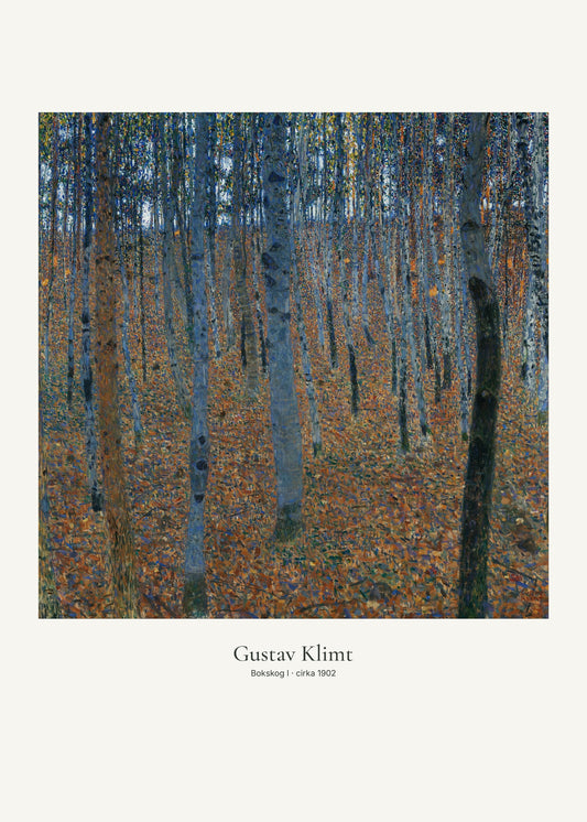 Bokskog I av Gustav Klimt. Konstposter med ljus marginal och diskret verktext. 50 × 70 cm.