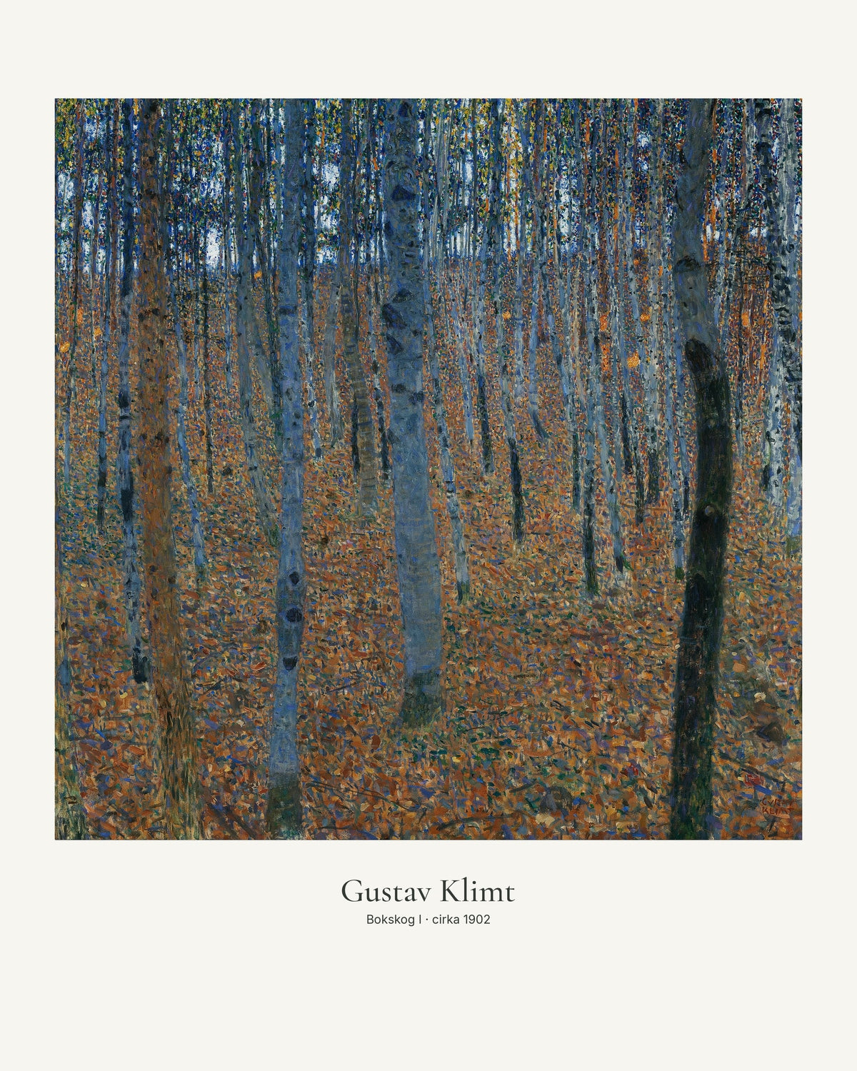 Bokskog I av Gustav Klimt. Konstposter med ljus marginal och diskret verktext. 40 × 50 cm.
