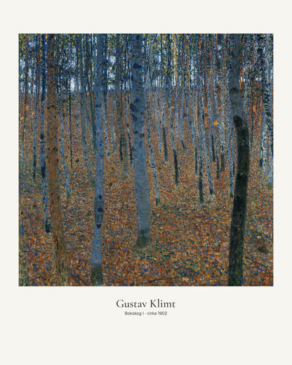Bokskog I av Gustav Klimt. Konstposter med ljus marginal och diskret verktext. 40 × 50 cm.