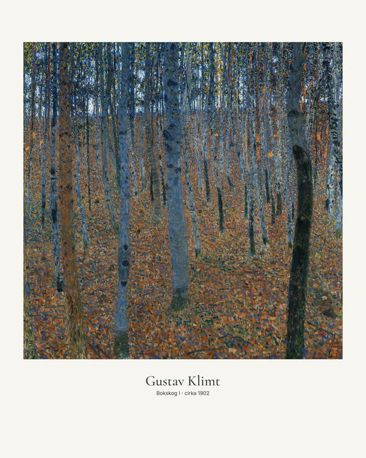 Bokskog I av Gustav Klimt. Konstposter med ljus marginal och diskret verktext. 40 × 50 cm.