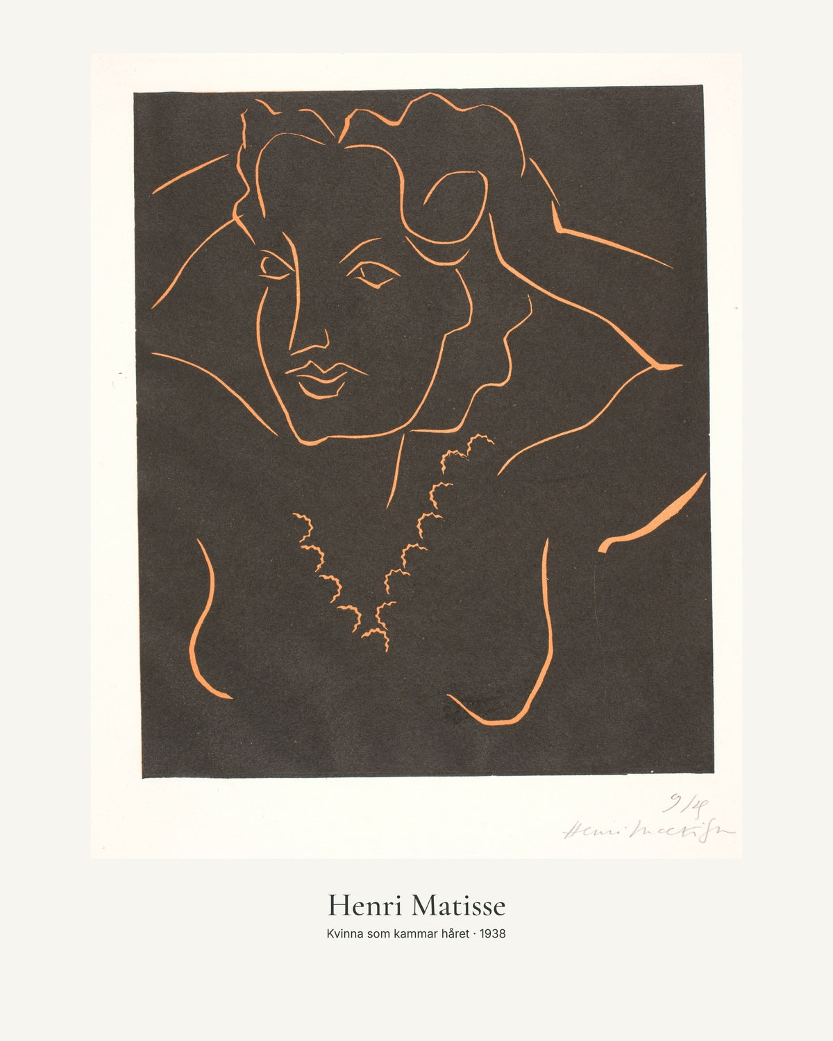 Kvinna som kammar håret av Henri Matisse. Konstposter med ljus marginal och diskret verktext. 40 × 50 cm.