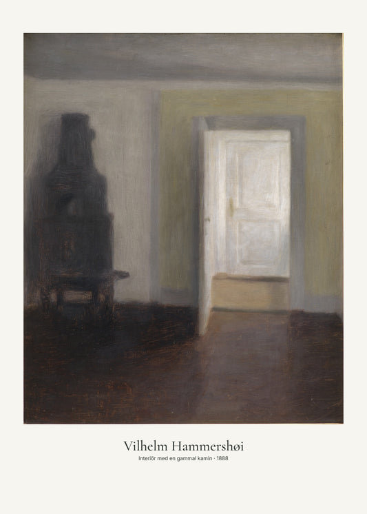 Interiör med en gammal kamin av Vilhelm Hammershøi. Konstposter med ljus marginal och diskret verktext. 50 × 70 cm.