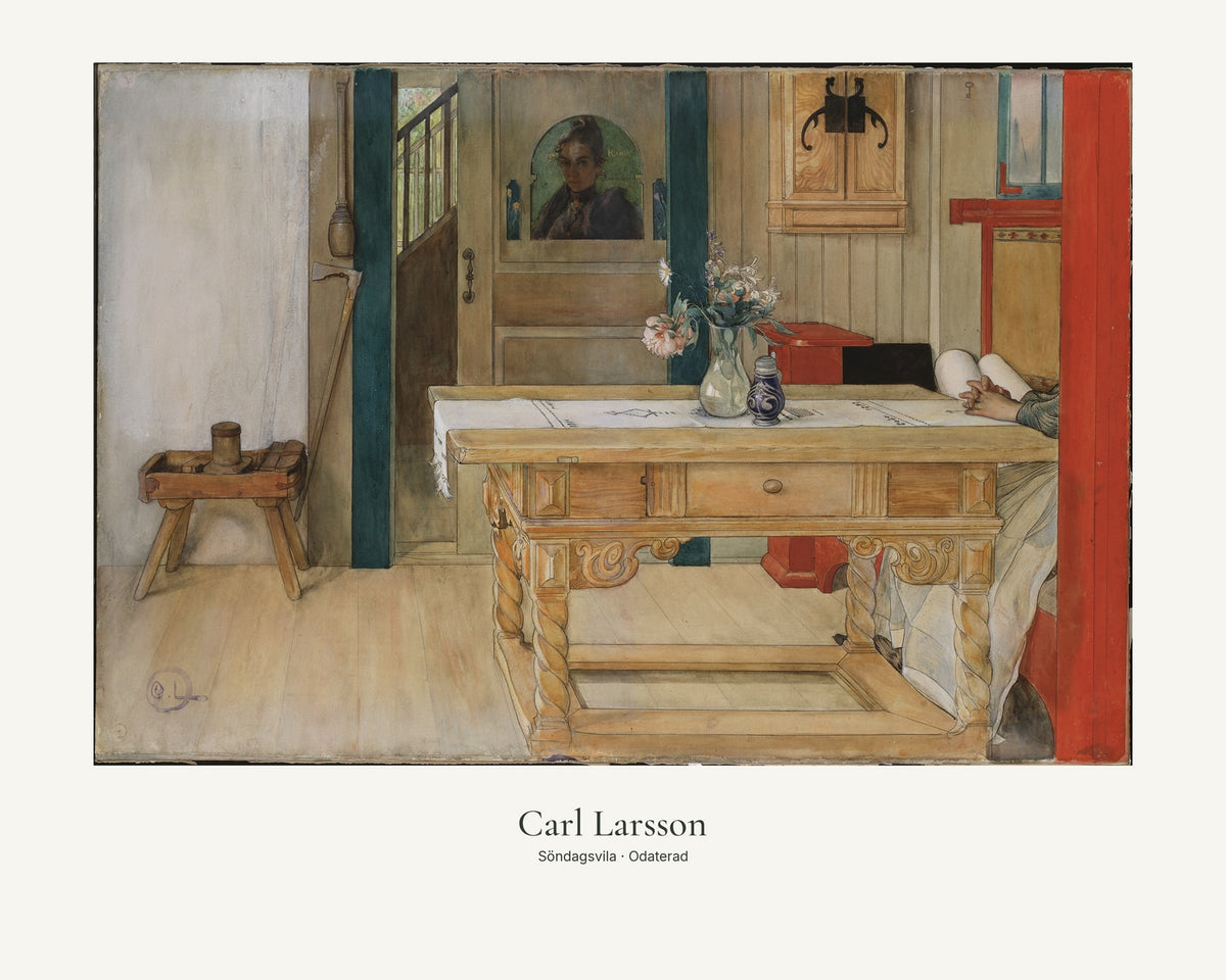 Söndagsvila av Carl Larsson. Konstposter med ljus marginal och diskret verktext. 40 × 50 cm.