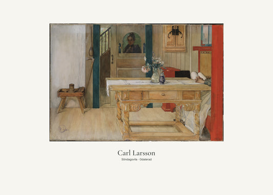 Söndagsvila av Carl Larsson. Konstposter med ljus marginal och diskret verktext. 50 × 70 cm.