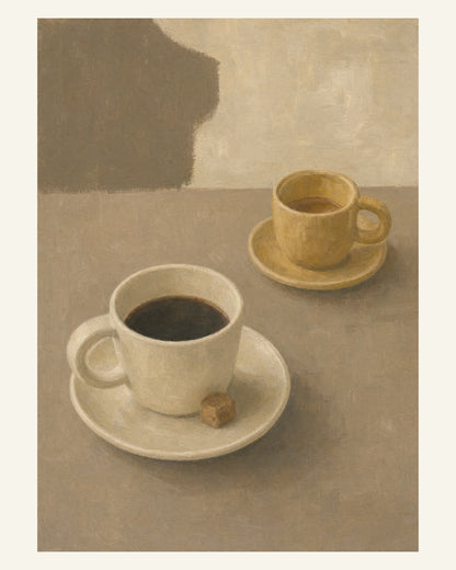 Två kaffekoppar i havre och honung på ett varmt gråbeige bord, målade med breda penseldrag. 40 × 50 cm.