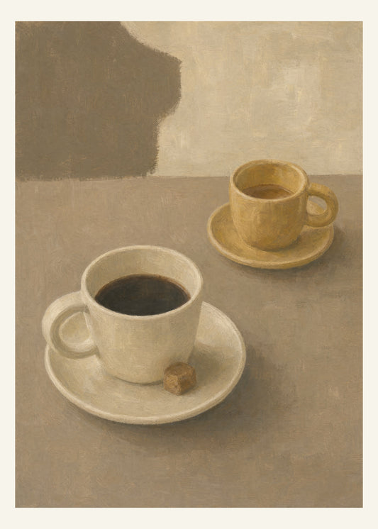 Två kaffekoppar i havre och honung på ett varmt gråbeige bord, målade med breda penseldrag. 50 × 70 cm.