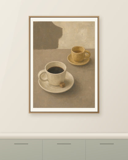 Två kaffekoppar i havre och honung på ett varmt gråbeige bord, målade med breda penseldrag. Illustrerad inramningsvy. Ram ingår inte.