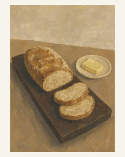 Ett bröd med två skivor på en mörk skärbräda, med smör på en liten ljus assiett och varm beige bakgrund. 40 × 50 cm.